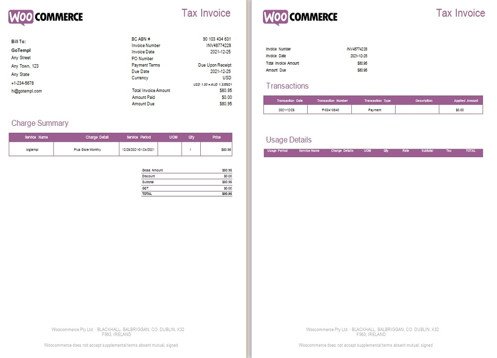 Ireland WooCommerce tax invoice PSD template